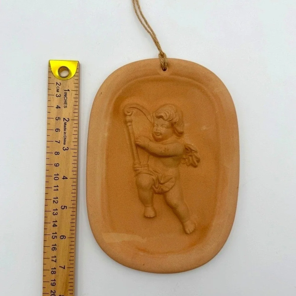 Vintage Terracotta Cherub Wall Plaque Angel Playing Harp Hanging Décor 7x5
